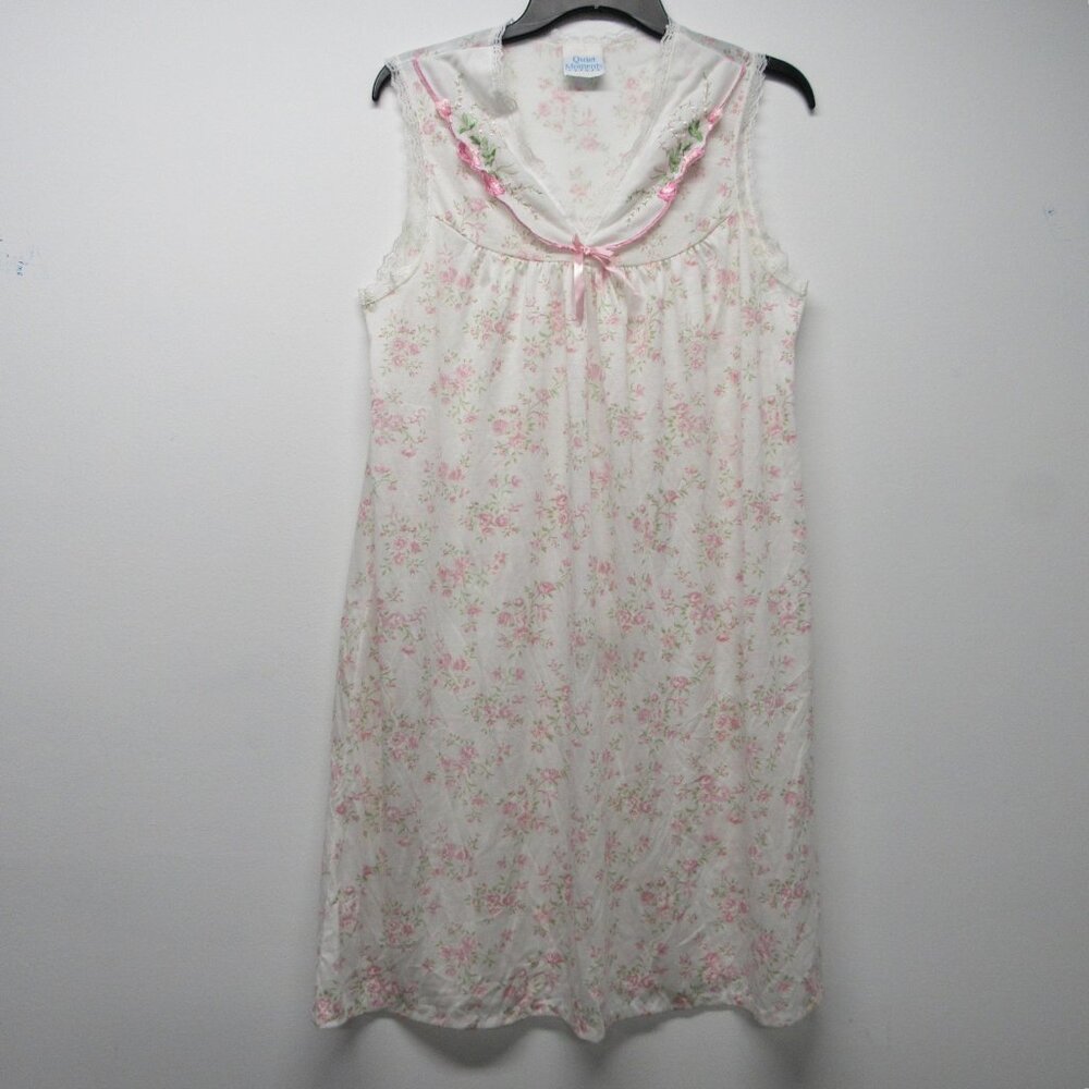 Vtg Quiet Moments White Pink Dainty Floral Embroidered Nightgown M USA Cottage